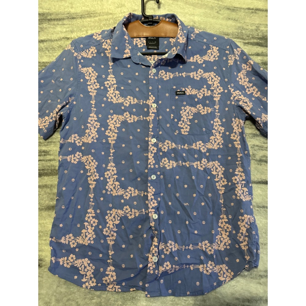 RVCA Mens Small Blue Floral Peace Sign Print Short Sleeve Button Up Shirt S